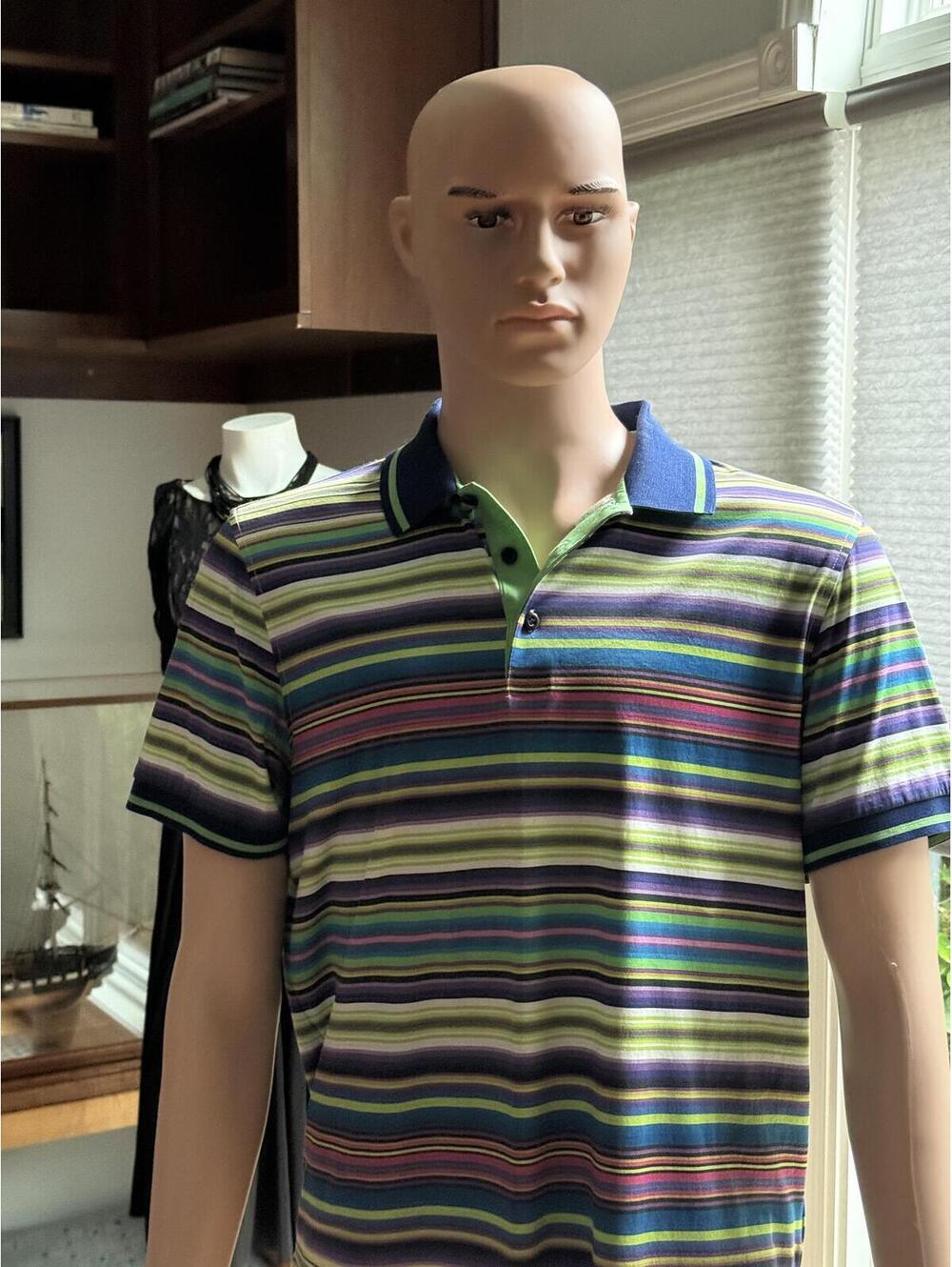 Bugatchi Uomo Striped Polo Shirt Men's Verified M Blue Green Multicolor Cotton